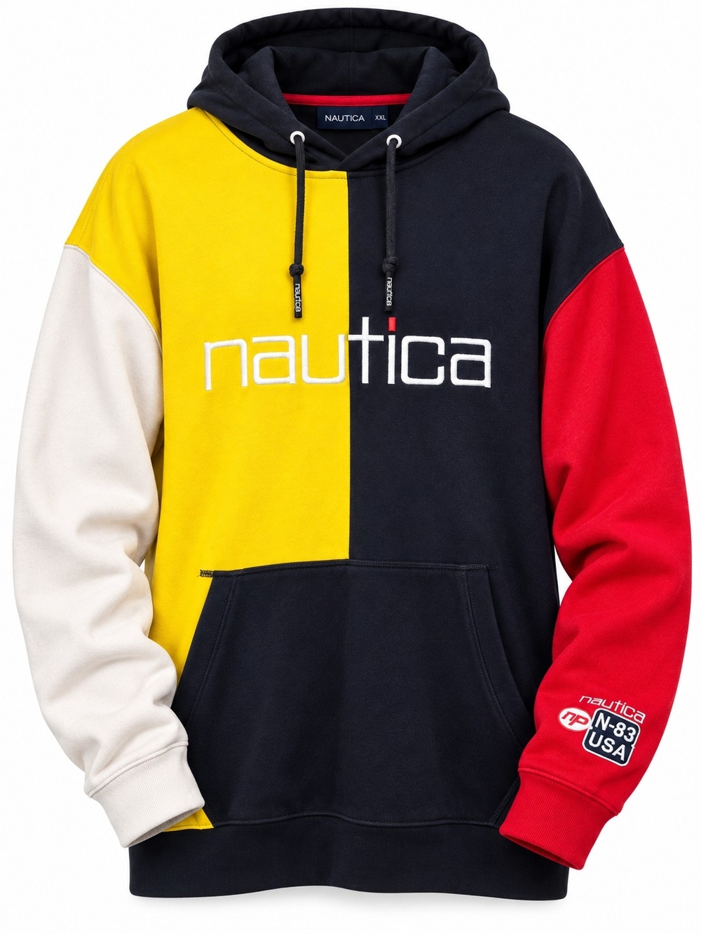 Nautica Men's XXL Colorblock Logo Spellout Hoodie Red Yellow Navy White N-83